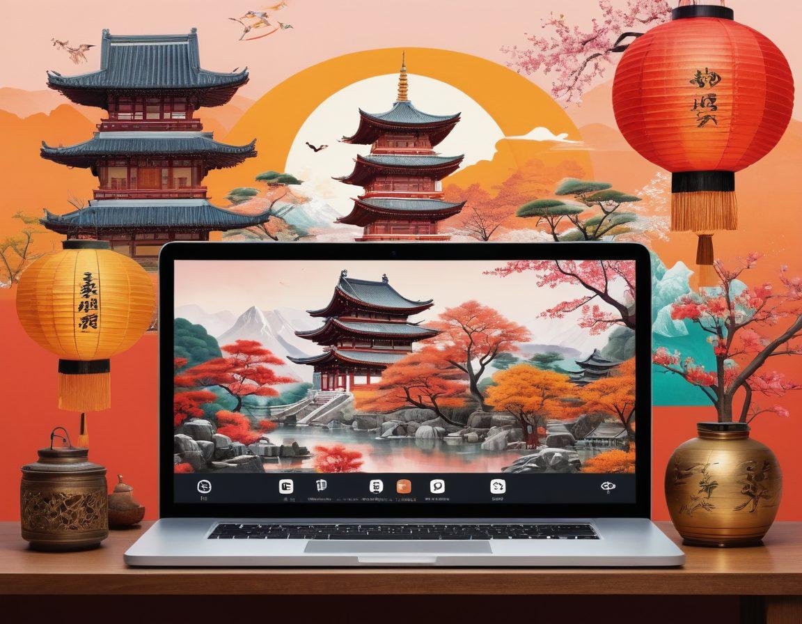A visually captivating collage depicting elements of Asian culture such as traditional textiles, calligraphy, lanterns, and digital technology like smartphones and laptops. Include a diverse group of people engaging collaboratively around a digital screen, sharing creative ideas and cultural insights. The background features iconic Asian landmarks subtly integrated with social media icons. Showcase a warm and inviting color palette. super-realistic. vibrant colors. white background.