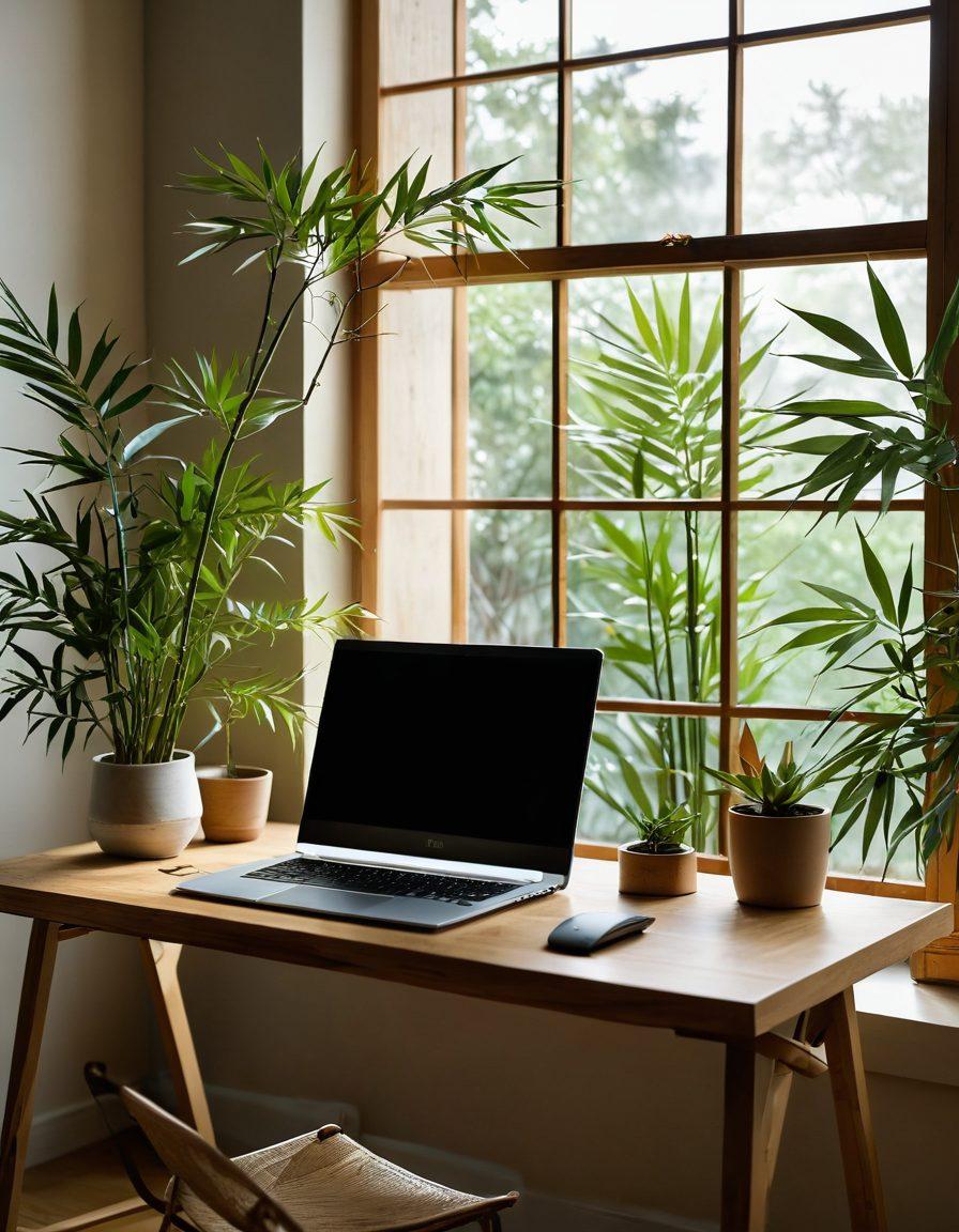 A serene workspace featuring a sleek laptop open to a web design interface surrounded by Asian-inspired decor, such as bamboo plants, origami, and minimalistic art pieces. Soft natural light filters through a window, casting calming shadows, while subtle hints of traditional Asian patterns weave into the background. The image should evoke a sense of creativity, tranquility, and digital innovation. super-realistic. vibrant colors. natural lighting.
