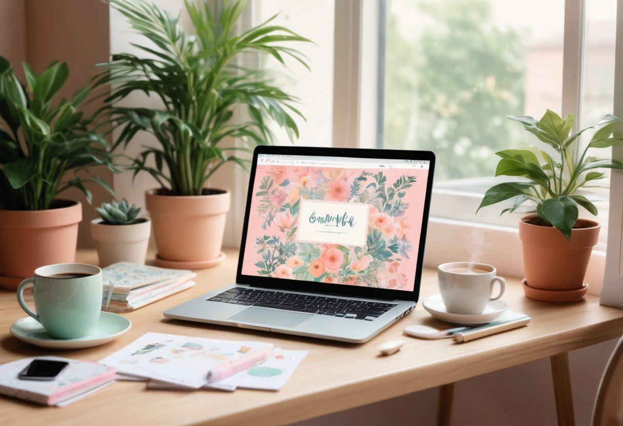 A cozy workspace featuring a laptop displaying a beautifully designed blog with pastel colors, cute aesthetic elements like floral patterns, stickers, and inviting typography. Include a steaming cup of coffee, potted plants, and stationery for an inspiring atmosphere. Soft sunlight filtering through a window enhances the warmth. Illustrate creativity and inspiration in web development. super-realistic. pastel colors. airy background.